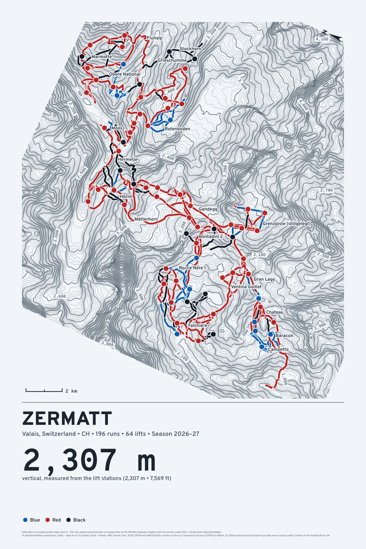 Zermatt, contour chart, made by Painted Piste
